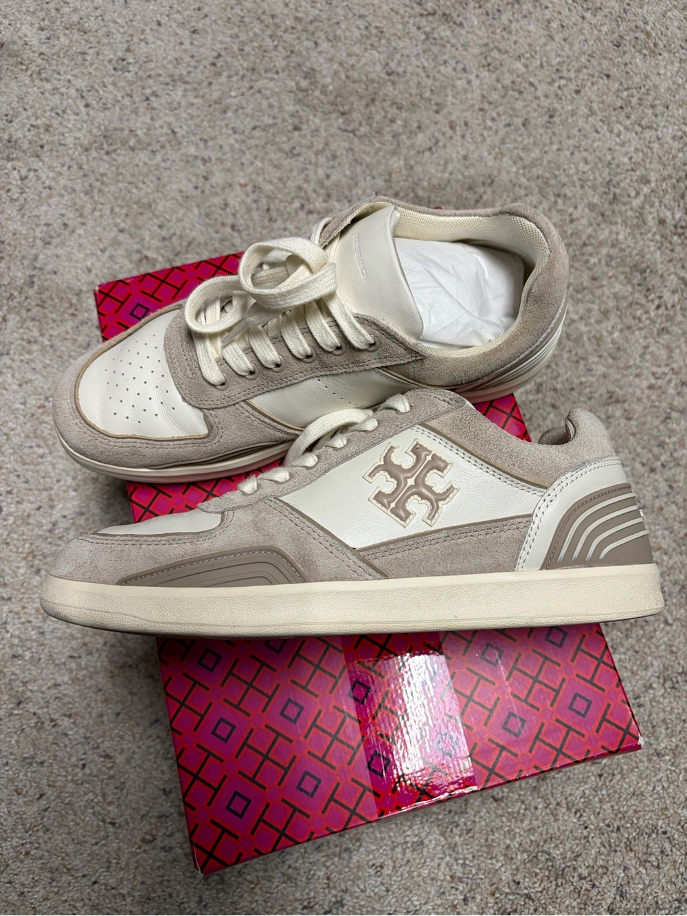 Tory Burch Cream & Taupe Clover Court Suede Logo Sneakers